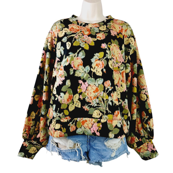 Loft SZ M Floral Puff Sleeve Sweatshirt Black - Picture 2 of 7